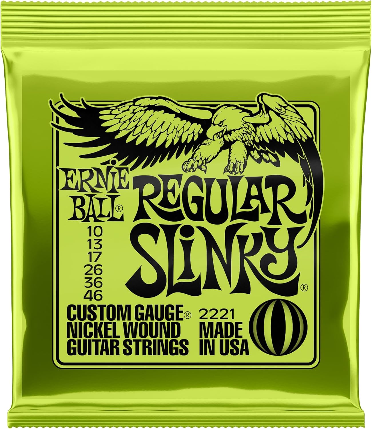 A pack of Ernie Ball Regular Slinky electric guitar strings in a bright neon green foil wrapper featuring a black eagle graphic.