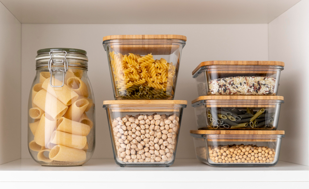 Glass food storage containers with bamboo lids holding pasta, rice, chickpeas, and soybeans neatly organized on a pantry shelf.
