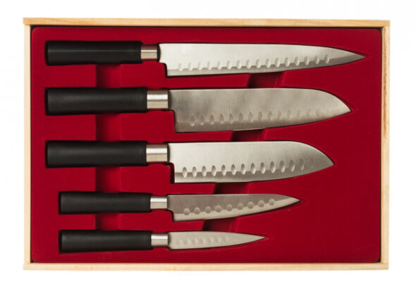 Five kitchen knives in a wooden case with a red velvet interior.