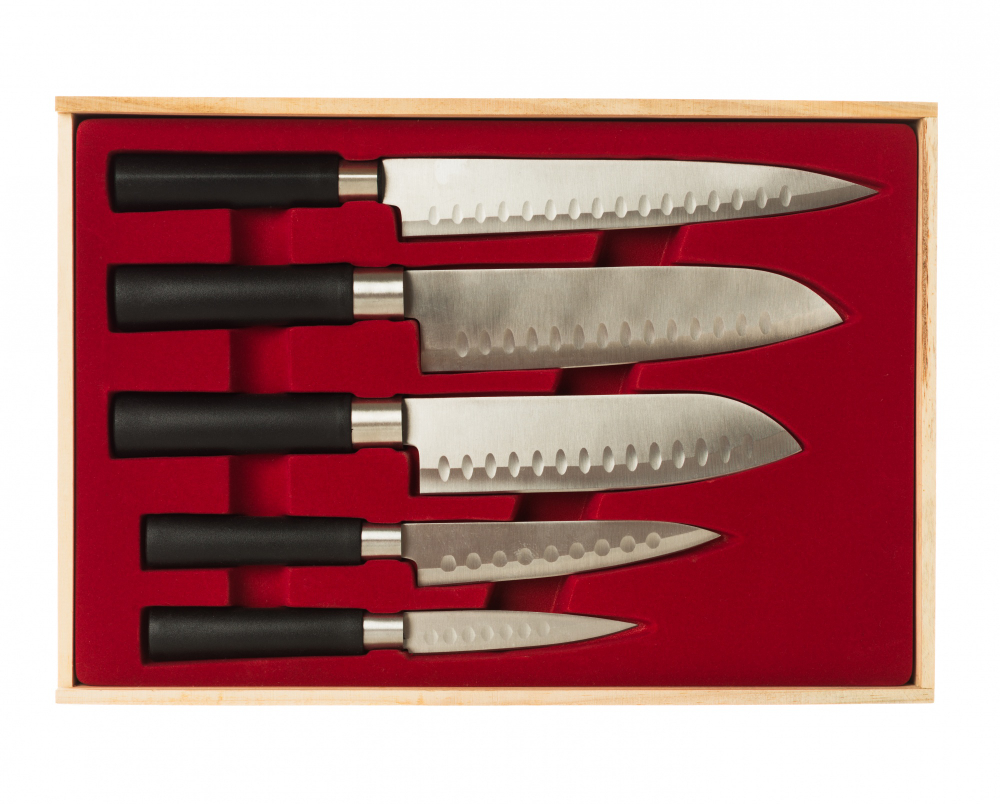 Five kitchen knives in a wooden case with a red velvet interior.