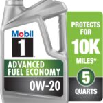 A 5-quart container of Mobil 1 Advanced Fuel Economy 0W-20 full synthetic motor oil with a silver bottle design and green label stating “Protects for 10K miles.”