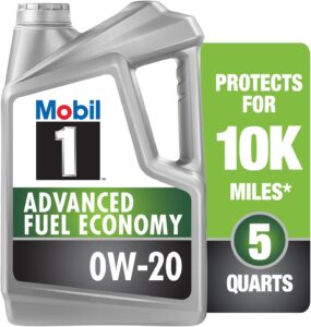 A 5-quart container of Mobil 1 Advanced Fuel Economy 0W-20 full synthetic motor oil with a silver bottle design and green label stating “Protects for 10K miles.”