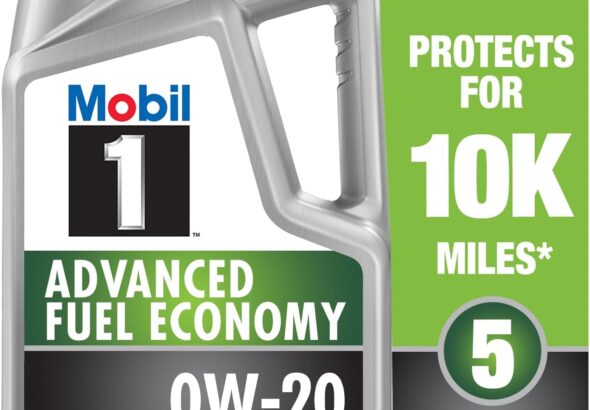 A 5-quart container of Mobil 1 Advanced Fuel Economy 0W-20 full synthetic motor oil with a silver bottle design and green label stating “Protects for 10K miles.”