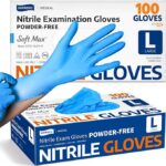 Blue nitrile examination gloves being worn in front of boxes labeled “Nitrile Examination Gloves Powder-Free” by Supmedic Medical, large size, 100-count box.