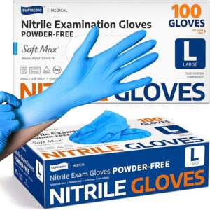 Blue nitrile examination gloves being worn in front of boxes labeled “Nitrile Examination Gloves Powder-Free” by Supmedic Medical, large size, 100-count box.