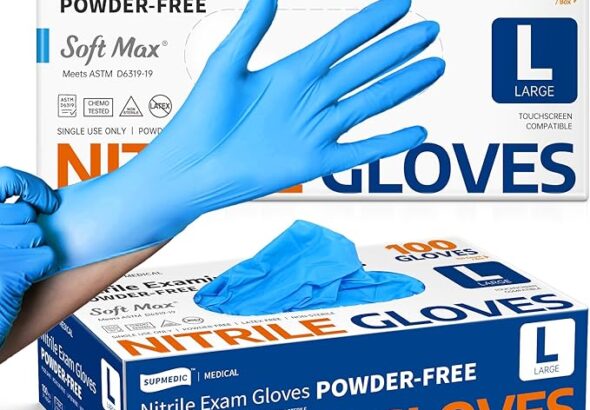 Blue nitrile examination gloves being worn in front of boxes labeled “Nitrile Examination Gloves Powder-Free” by Supmedic Medical, large size, 100-count box.