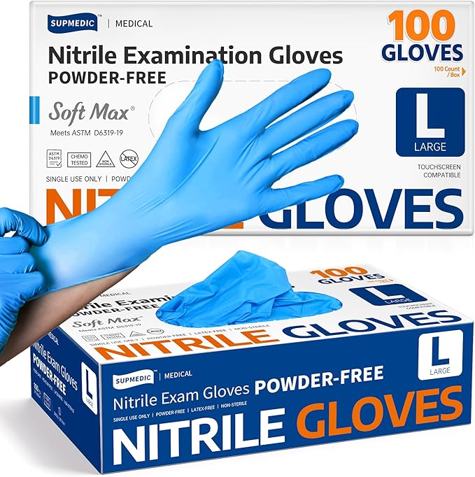 Blue nitrile examination gloves being worn in front of boxes labeled “Nitrile Examination Gloves Powder-Free” by Supmedic Medical, large size, 100-count box.