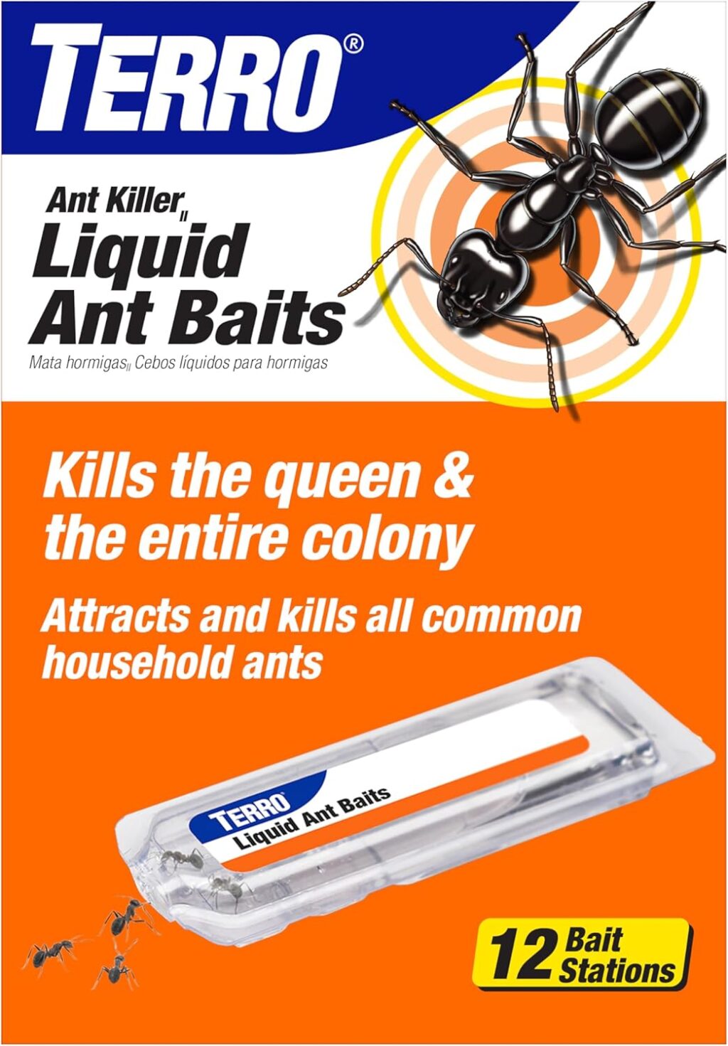 Packaging for TERRO liquid ant baits showing a large black ant illustration and a clear bait station; text highlights killing the queen and entire colony.