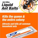 Packaging for TERRO liquid ant baits showing a large black ant illustration and a clear bait station; text highlights killing the queen and entire colony.