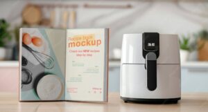 Modern white air fryer displayed on a kitchen counter beside an open recipe book.