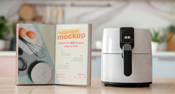 Modern white air fryer displayed on a kitchen counter beside an open recipe book.