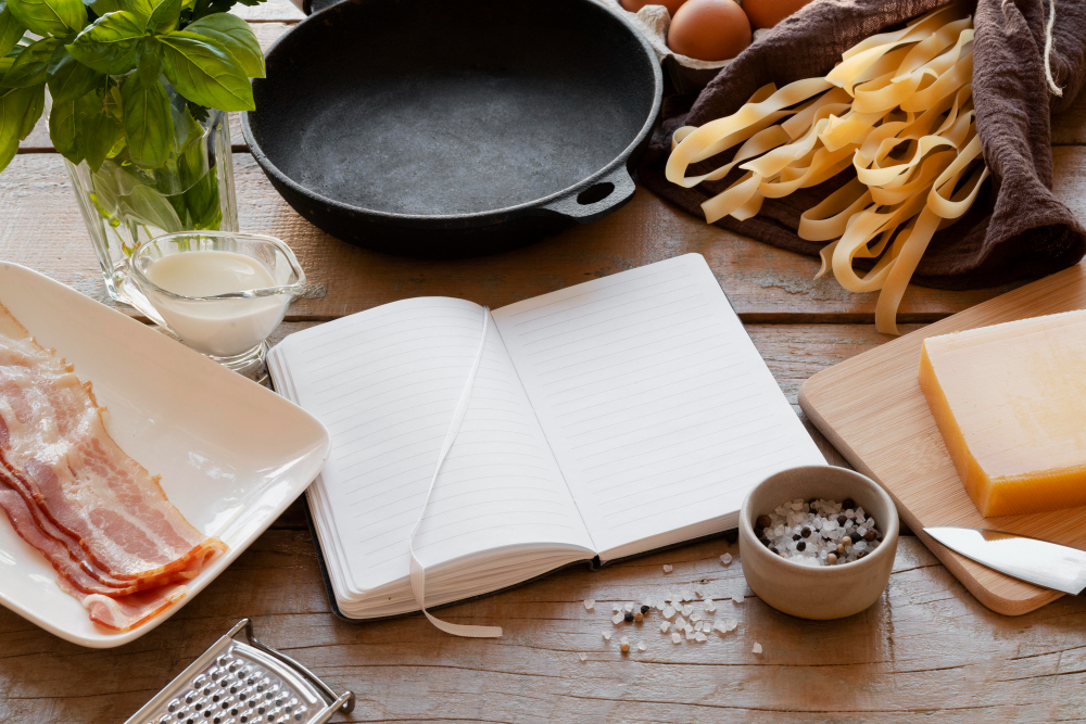 Cast iron skillet surrounded by fresh pasta, bacon, Parmesan cheese, eggs, basil, cream, and cooking ingredients on a rustic wooden table.