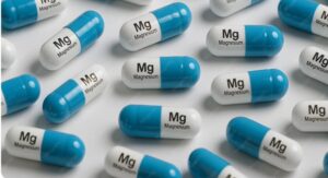 Magnesium supplement capsules in blue and white scattered on a white surface.