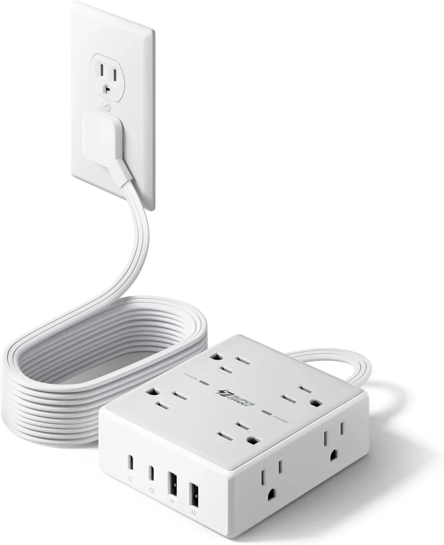 SUPERDANNY Surge Protector Power Strip, 10Ft Flat Plug Extension Cord, 8 AC Outlets & 4 USB Ports (2 USB C), 1050J Desk Charging Station for Home Office, College Dorm Room Essentials