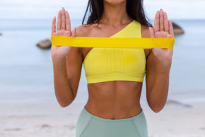 Set of colorful resistance bands laid out for a home workout
