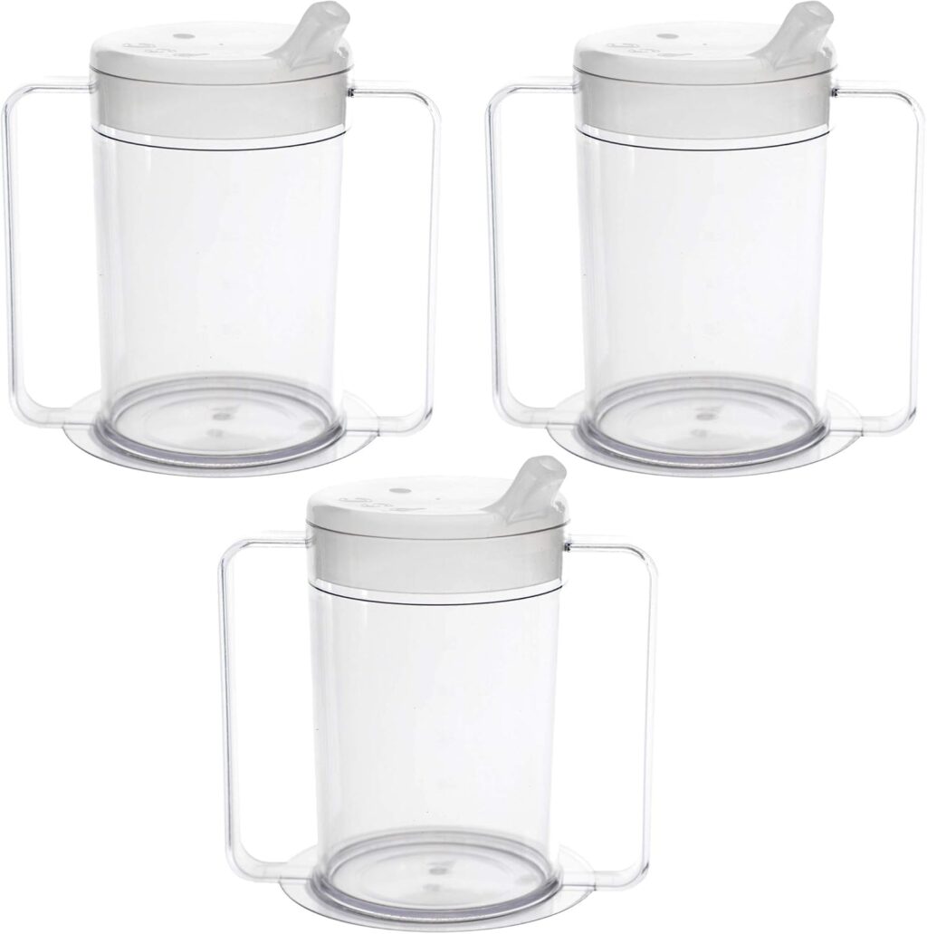 Clear two-handled cup with spouted lid, three-pack, for tremors and shaky hands