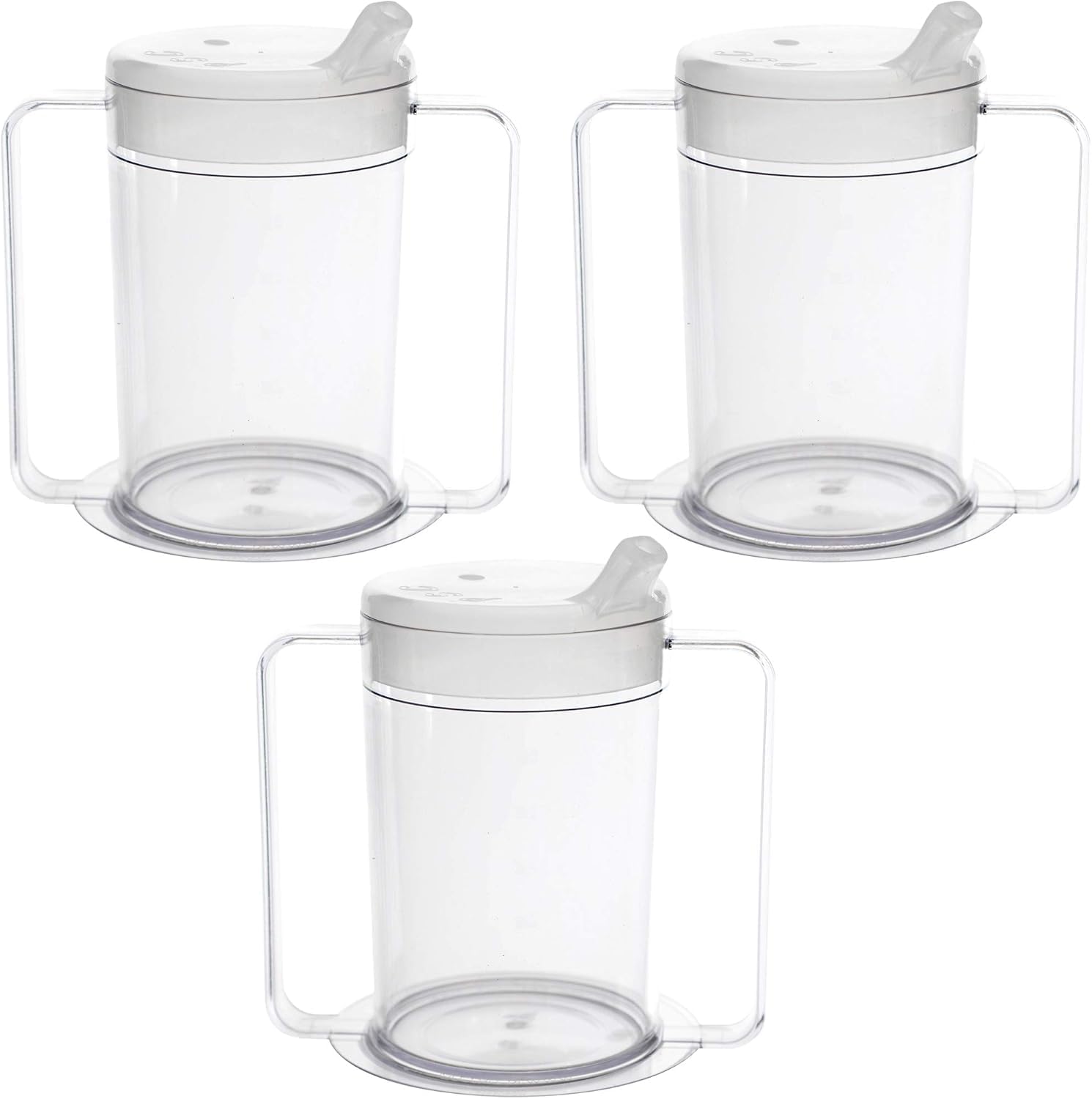 Clear two-handled cup with spouted lid, three-pack, for tremors and shaky hands