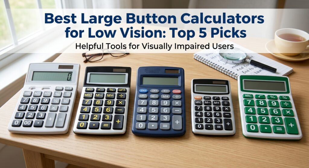 Five large button calculators lined up on a desk with glasses and a magnifying glass