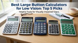 Five large button calculators lined up on a desk with glasses and a magnifying glass