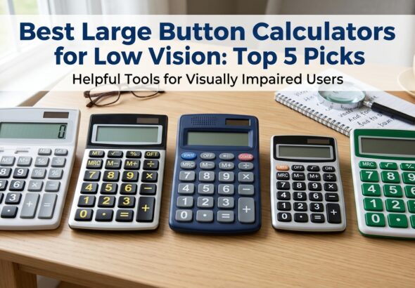 Five large button calculators lined up on a desk with glasses and a magnifying glass