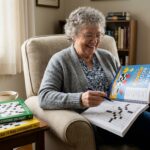 Senior woman smiling while solving a large print crossword puzzle book at home