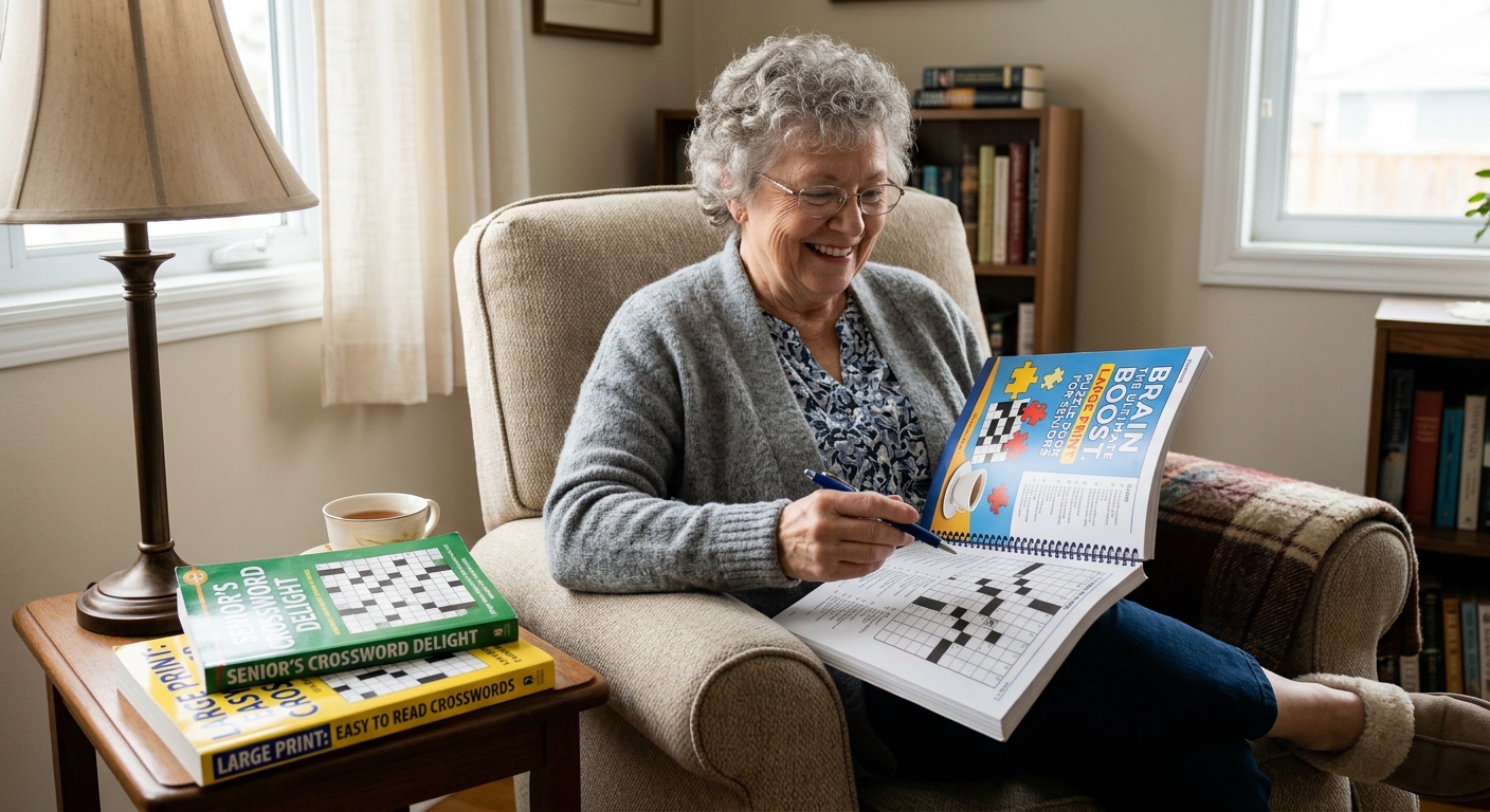 Senior woman smiling while solving a large print crossword puzzle book at home