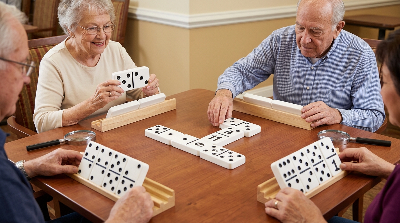 Seniors playing a game of jumbo dominoes with large, high-contrast tiles at a table