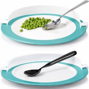 Plate with raised teal rim guard, spoon scooping peas against the edge