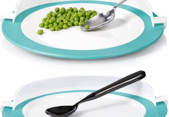 Plate with raised teal rim guard, spoon scooping peas against the edge