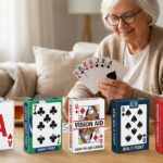 Senior woman holding a hand of large print playing cards, with several decks displayed on a table