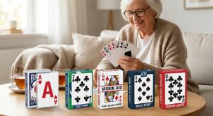 Senior woman holding a hand of large print playing cards, with several decks displayed on a table