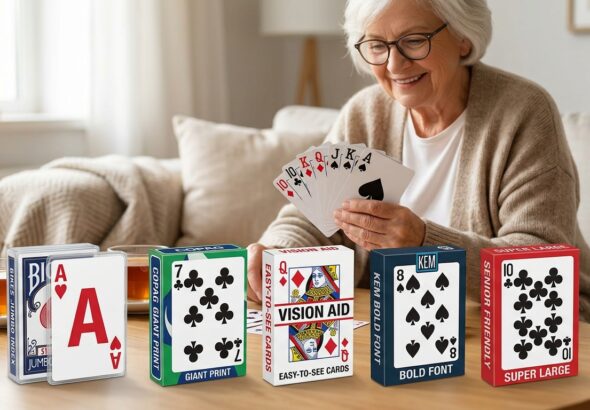 Senior woman holding a hand of large print playing cards, with several decks displayed on a table