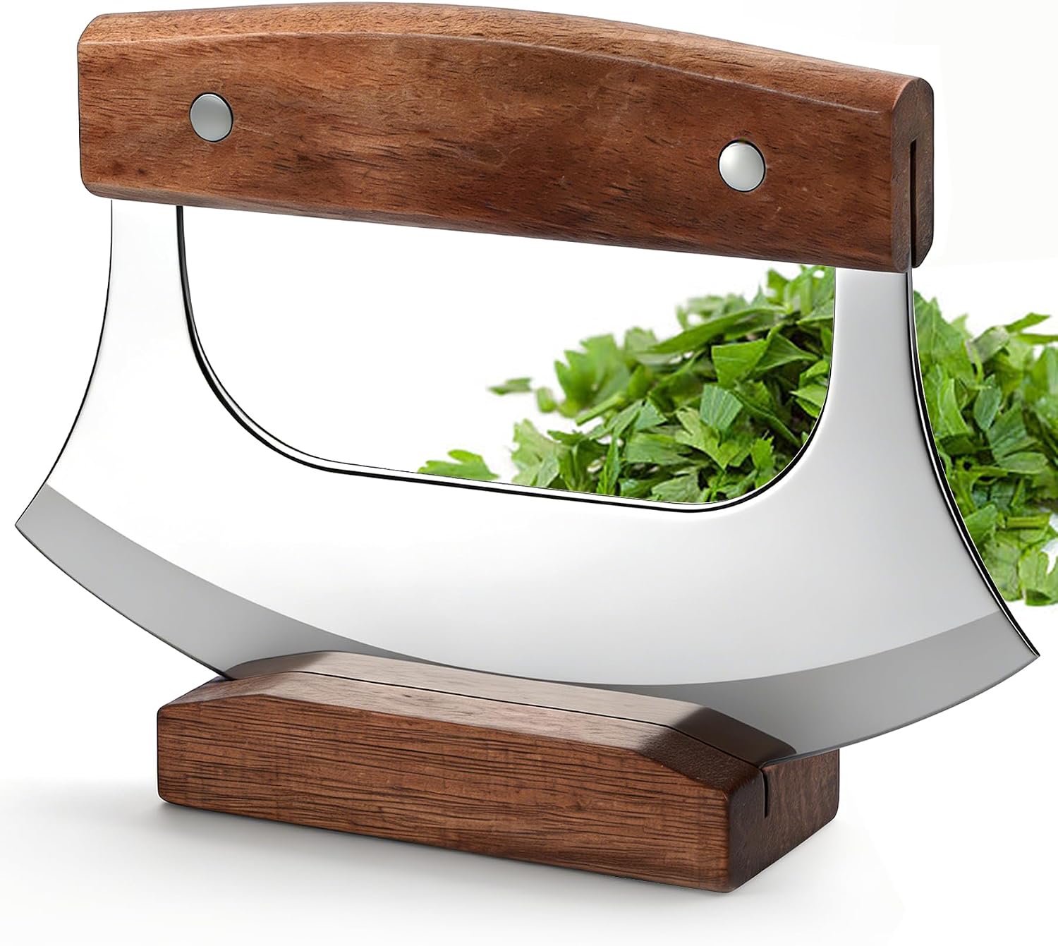 Rocker knife with curved blade cutting food on a plate