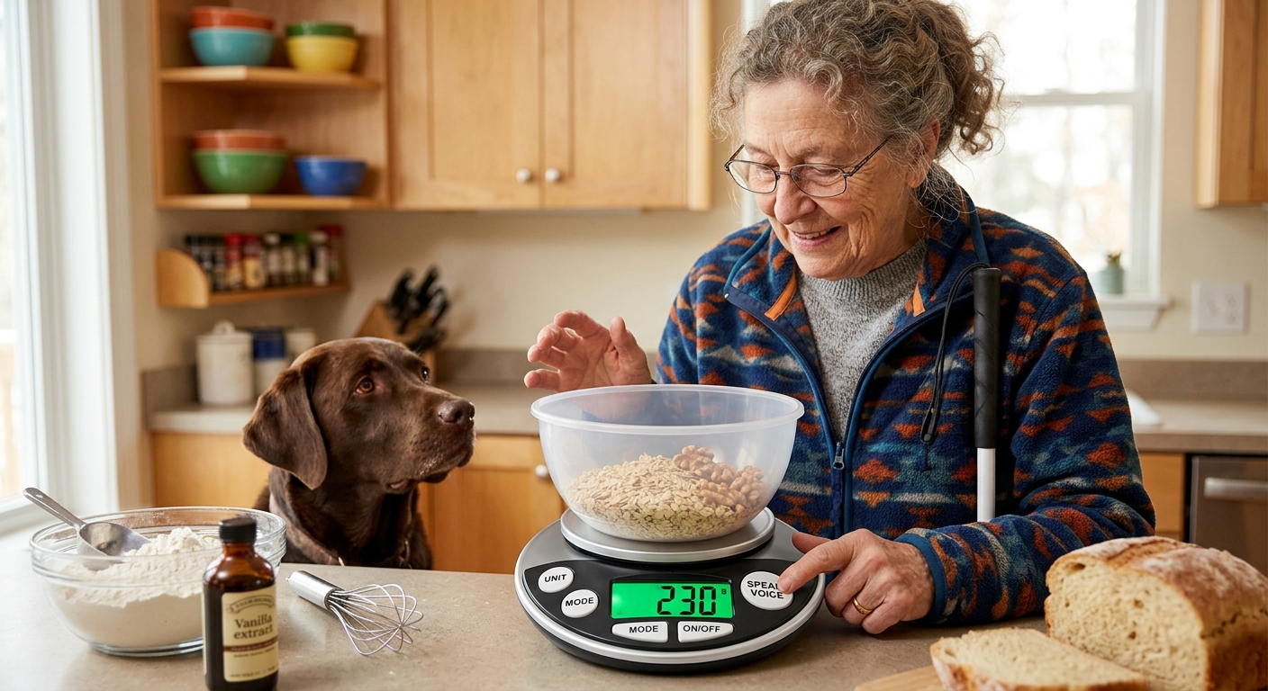 Blind woman using a talking kitchen scale with large tactile buttons while baking